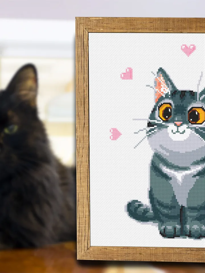 Cute gray cat cross stitch pattern download PDF Animal cross stitch chart, Cat hand embroidery PDF, Easy cross stitch Gift for cat lover #K3