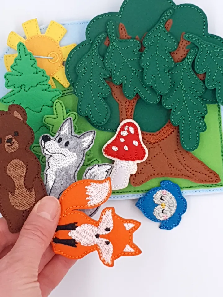 Forest Quiet Book Pages ITH Embroidery Design Set (2pg), Woodland Animals Felt Activity Book Pattern, 5x7 Hoop Download