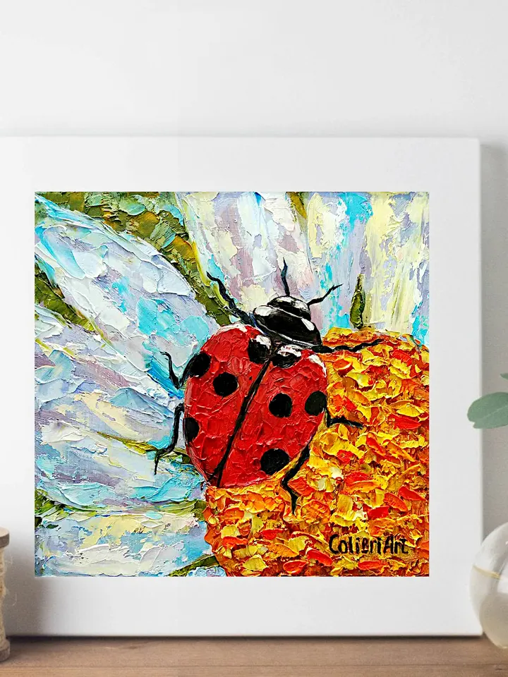 Ladybug Painting Daisy Original Art Animal Flower Painting Floral Small Art Insect Colorful Art 8" x 8" By Colibri Art