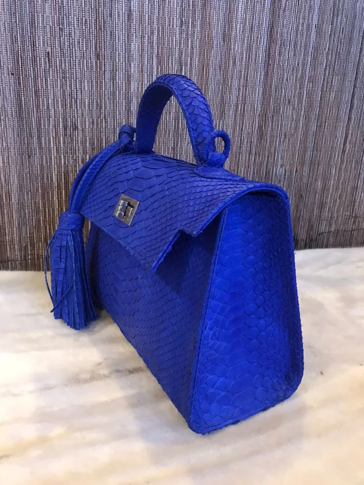 Top handle bright blue classy genuine python skin bag | exotic leather bags | Elegant women purse | snake skin bag | designer leather bag