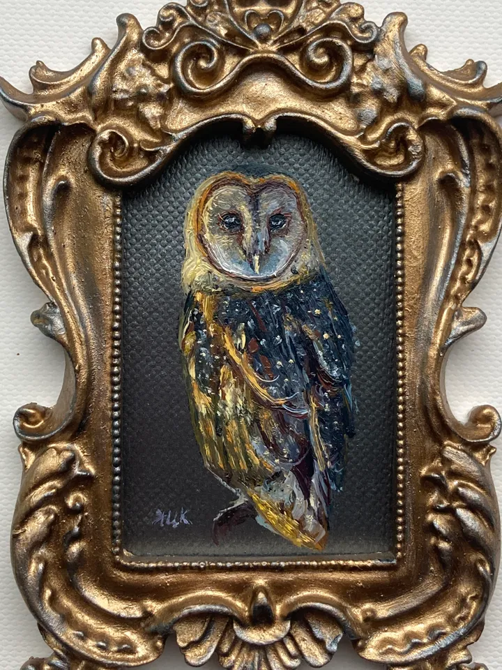 Owl Oil Painting Original In Vintage Style Frame Small Framed Bird Art Barn Owl