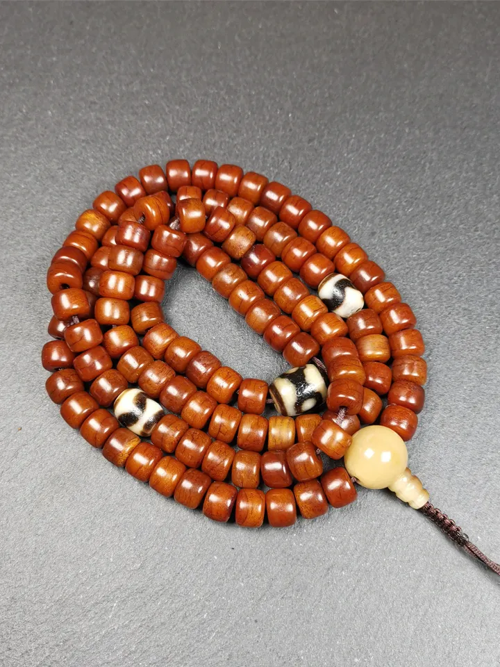 Gandhanra Handmade Tibetan Yak Bone Mala,108 Bone + Dzi Beads,Prayer Bead for Meditation,Tibetan Rosary,Diameter 10mm, Length 84cm