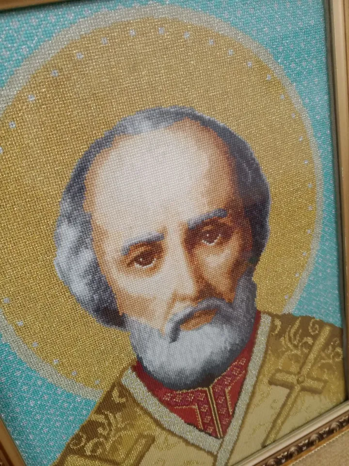Saint Nicholas Icon, Hand Cross Stitched, Orthodox Gifts, Christian icon