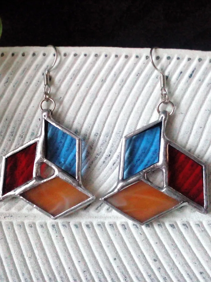 Origami stained glass earrrings - geometric handmade tiffany earrrings