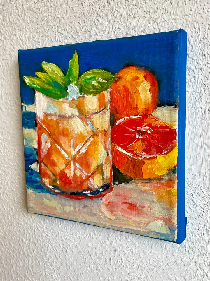 Lemonade cocktail Still Life Painting on Canvas Original Orange Juice Drink Wall Art Bar Cart Decor 6"x6"