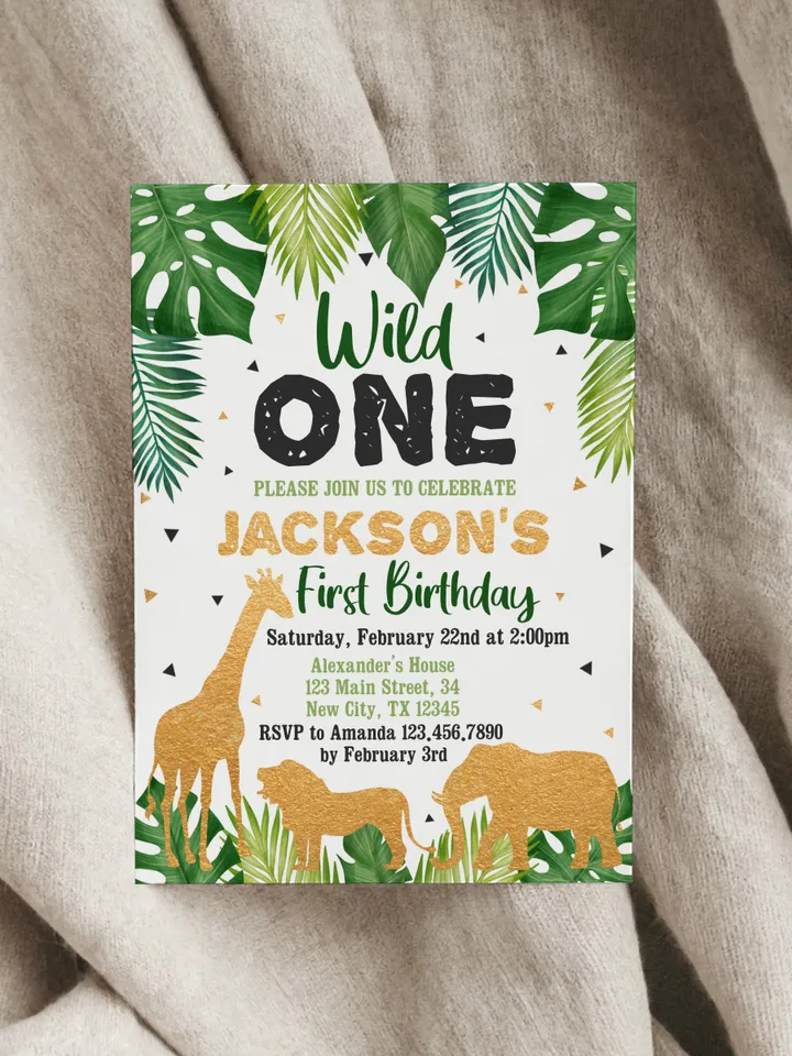 Safari Gold Birthday invitation, EDITABLE Jungle wild one Invitations, Boy 1st Birthday Invites Instant download Printable template