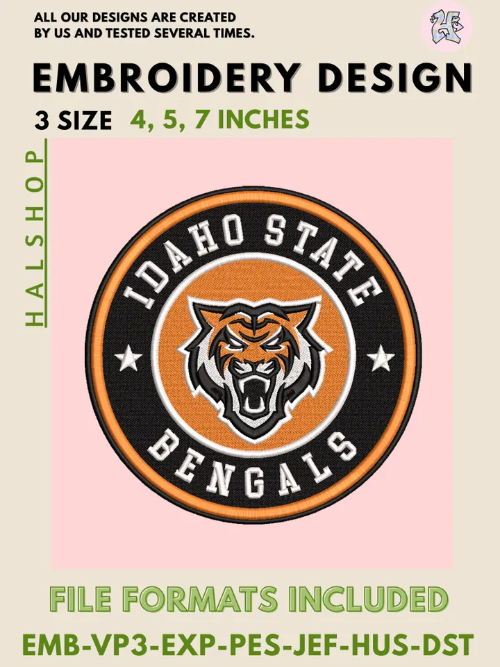 NCAA Idaho State Bengals Round Logo Embroidery, NCAA Idaho State Bengals Logo Embroidery Files, NCAA Teams, Machine Embroidery Designs, Digital Download
