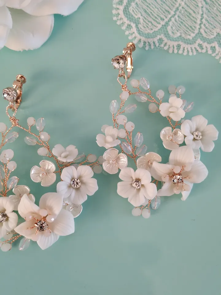 Opal Crystal Bridal Earrings Floral Wedding Earrings Boho Wedding Earrings Rose Gold Hoop Chandelier Earrings Statement Wedding Earrings