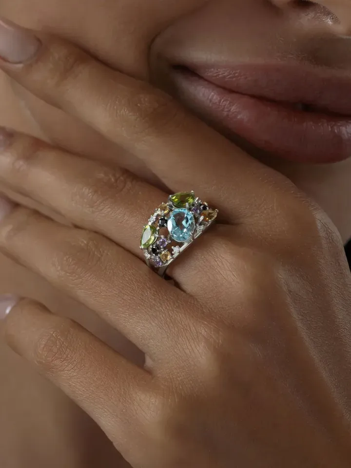 Silver ring with topaz, cubic zirconia, amethyst, chrysolite, citrine and garnet 925 assay value
