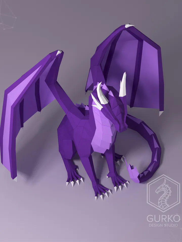 Seated Dragon Papercraft, Digital Template, PDF Download, Gurko, 3D Low Poly, Pepakura, Origami Sculpture, Paper Party Decoration, DIY Gift