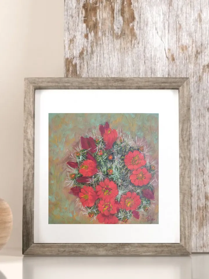 Oil painting of blooming cactus covered with thorns, original painting with red flowers, canvas 8x8 inches