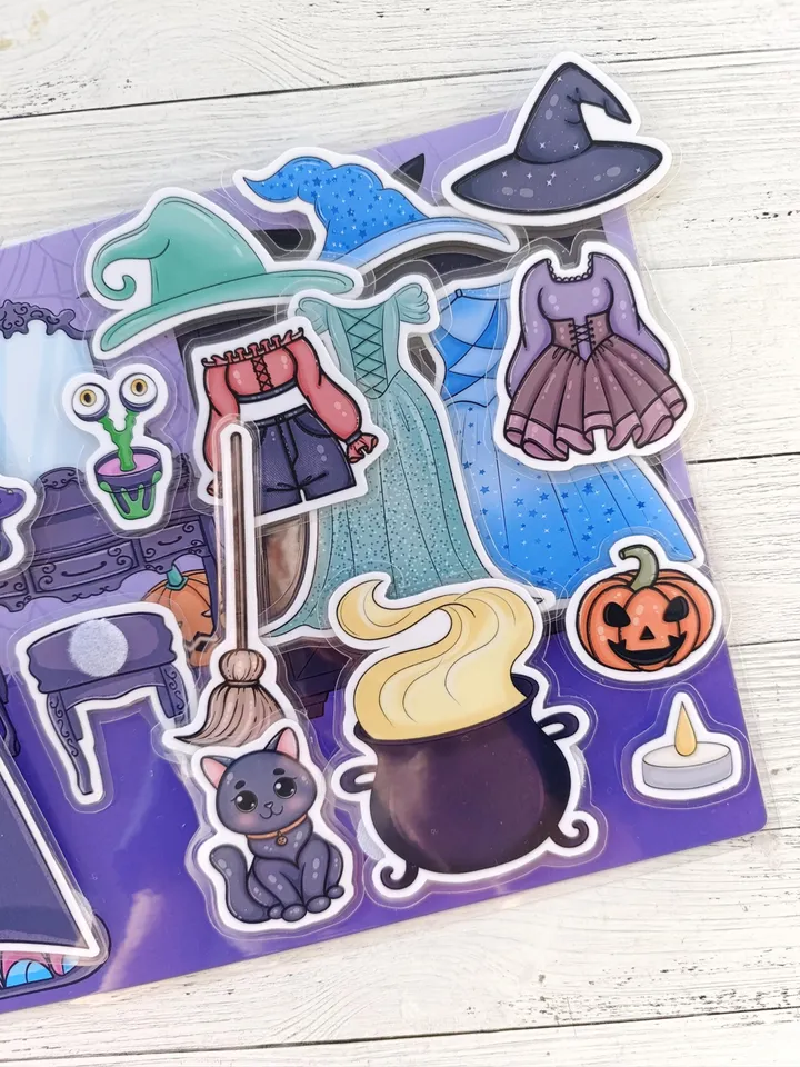 Printable Witch Paper doll with a set clothes, Halloween printable doll house, Blythe paper doll dress up, Busy book printable crafts kids