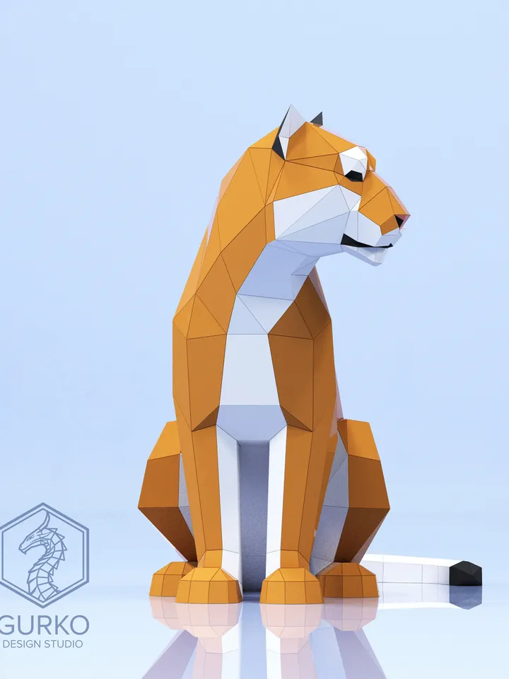 Papercraft Sitting Tiger Turned, Cat, Digital Template, PDF Download, Gurko, LowPoly, Pepakura, DIY Origami Sculpture, Paper Party Decor