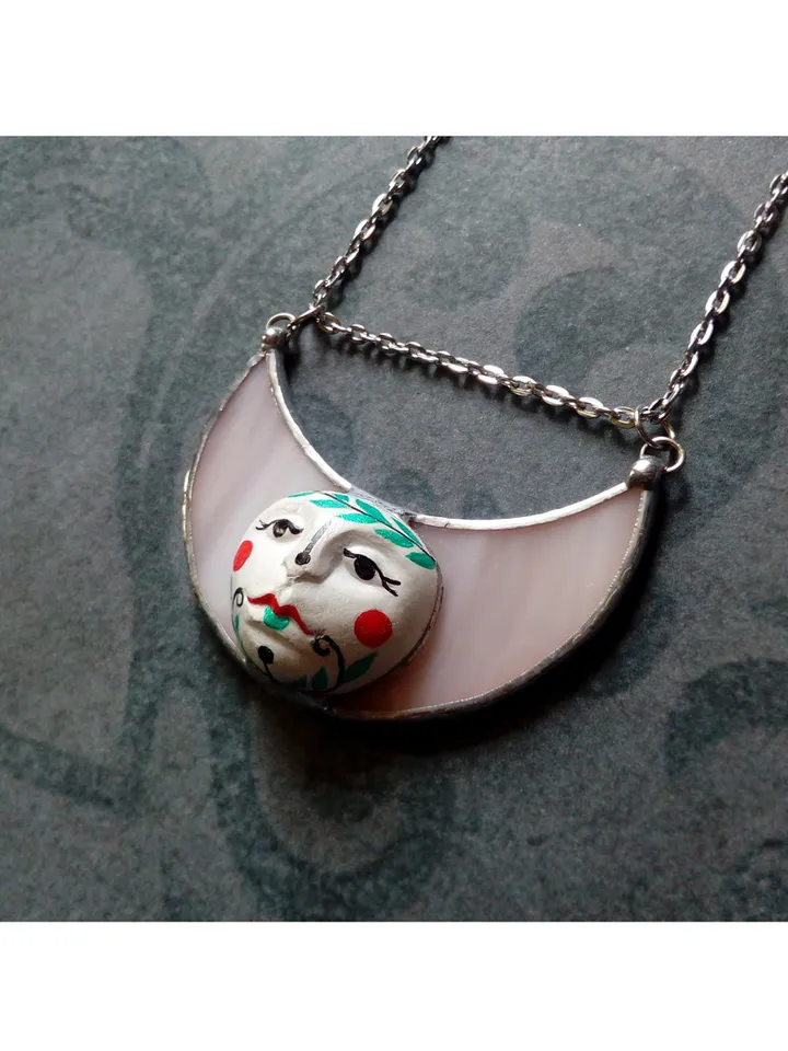 Stained glass moon, Moon Goddess, Moon phase necklace, Stainglass crescent, Full moon pendant, Moon face necklace