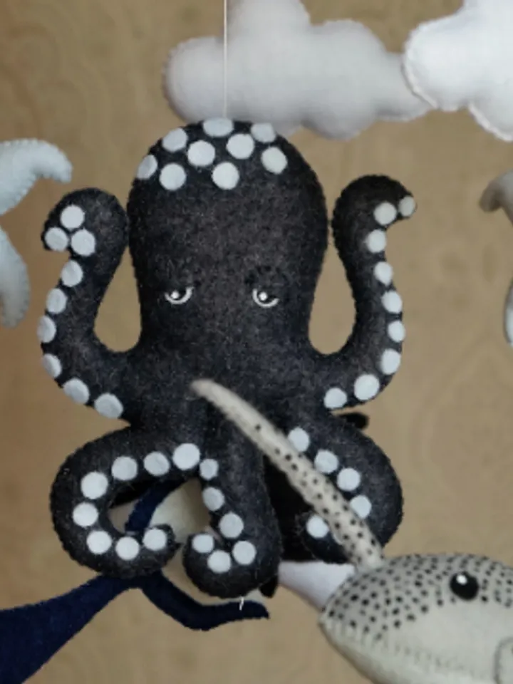 Baby mobile with whales for ocean nursery. Ocean octopus, narwhal, orca and whale for decor nautical nursery.