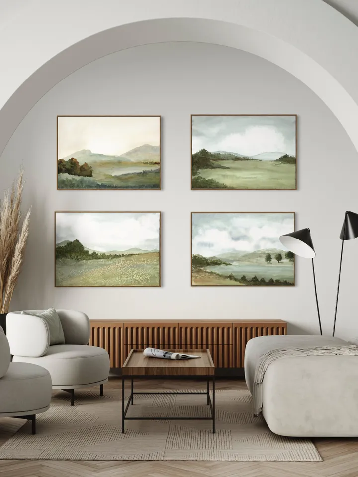 Landscape Painting Set Of 4 Watercolor Art Prints, Neutral Mountain, Wall Art Set, Home Office Poster, Over Bed Wall Decor,Vintage Print Set