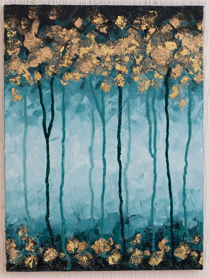 3D Abstract Forest Painting Acrylic on MDF Art Board - 40x30 cm | Handmade Artwork | Golden trees wall art