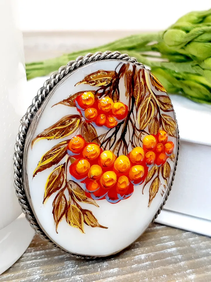 Brooches for women: Bunch of Rowan berries painted on pearl brooch • Orange handmade painted pin • Gorgeous pin for fall season dress
