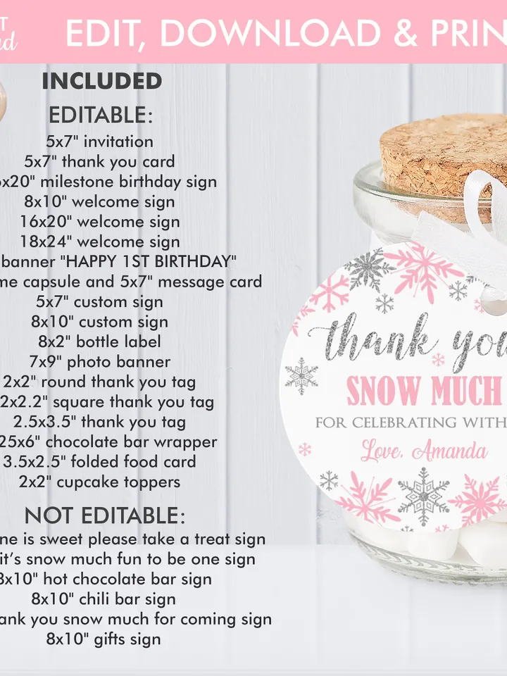 Winter Onederland Birthday Girl Decorations, Winter Onederland Birthday Party Package Bundle, Pink Silver Snowflakes Editable Template
