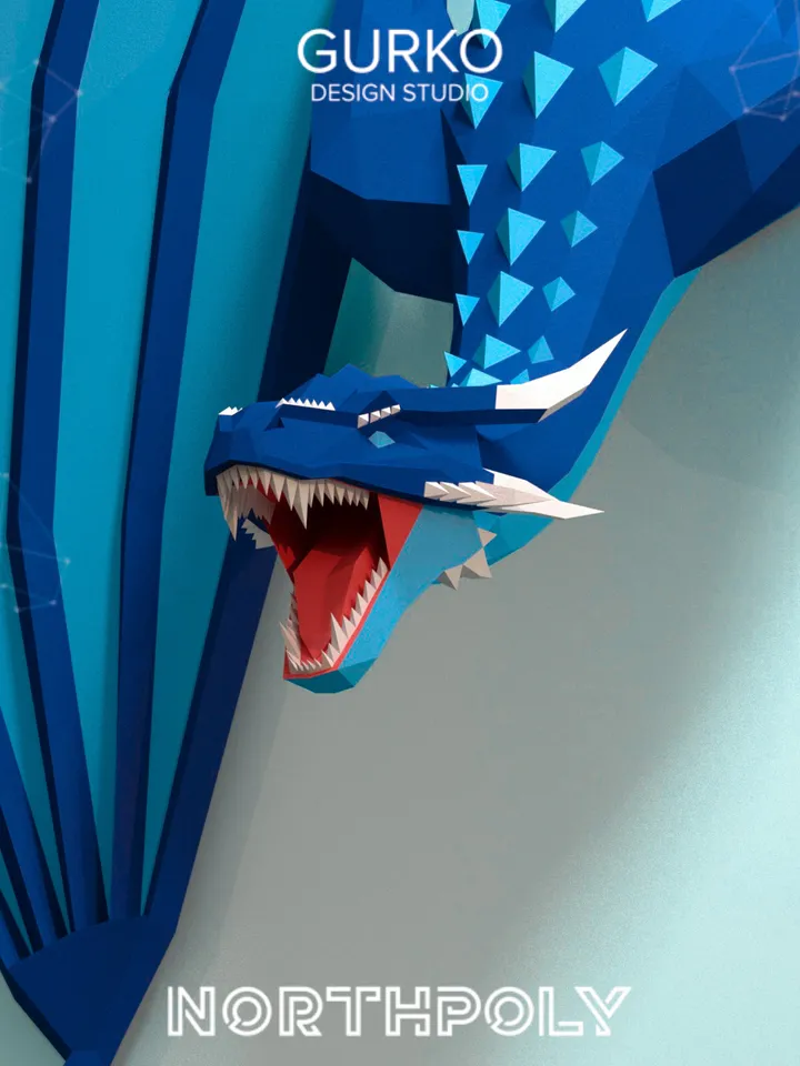 Papercraft Dragon Crawling Out Of The Wall, Digital Template, PDF Download, Gurko, 3D Low Poly, Pepakura, DIY Origami Sculpture, Paper Decor