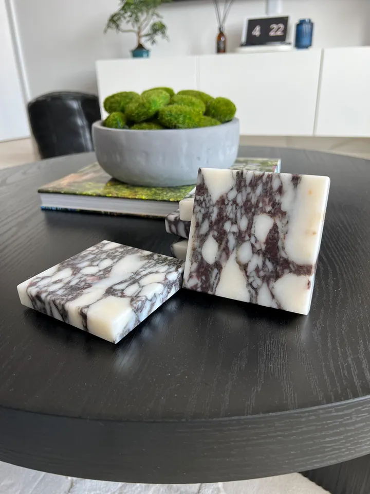 Calacatta Viola set of 2-4-6 SQUARE coasters, italian marble 100% Handmade İtalian Model
