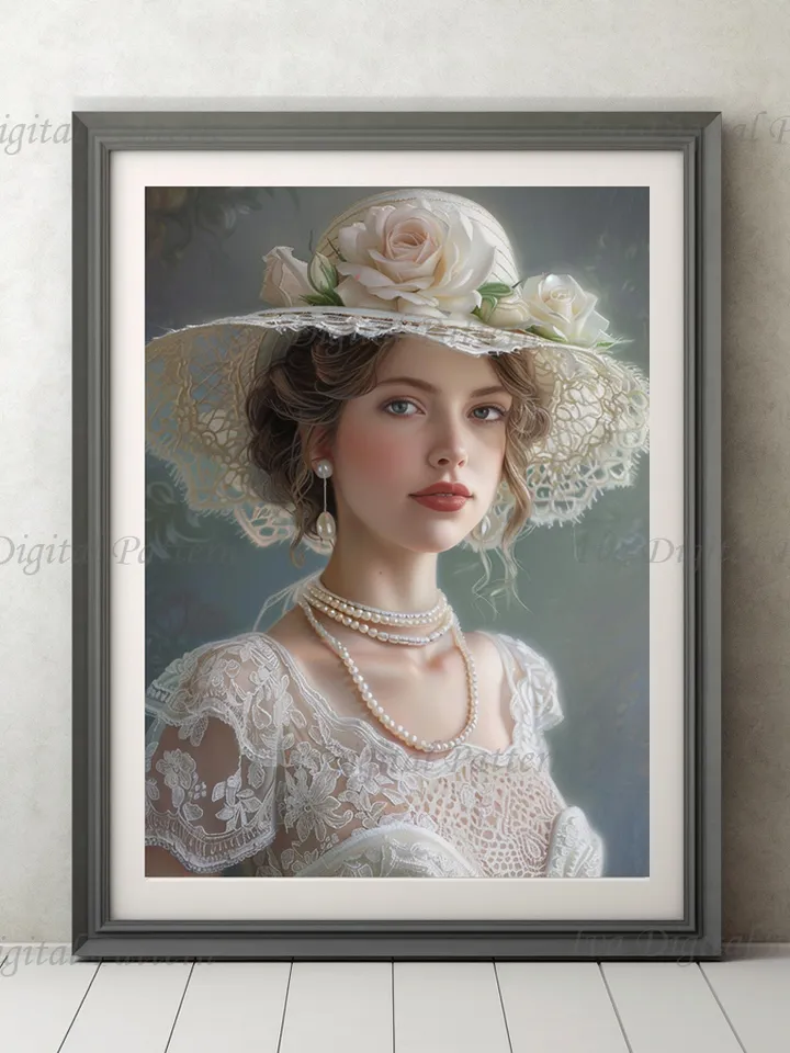 Digital painting. French woman. Romantic girl with a hat. Wall decoration in pastel colors. Parisienne. Digital illustration.Instant download.