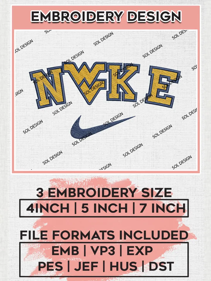 Nike West Virginia Mountaineers Machine Embroidery Design, NCAA West Virginia Mountaineers Embroidery Design Design files, NCAA Embroidery Designs, NCAA Machine Embroidery Designs, Digital Download