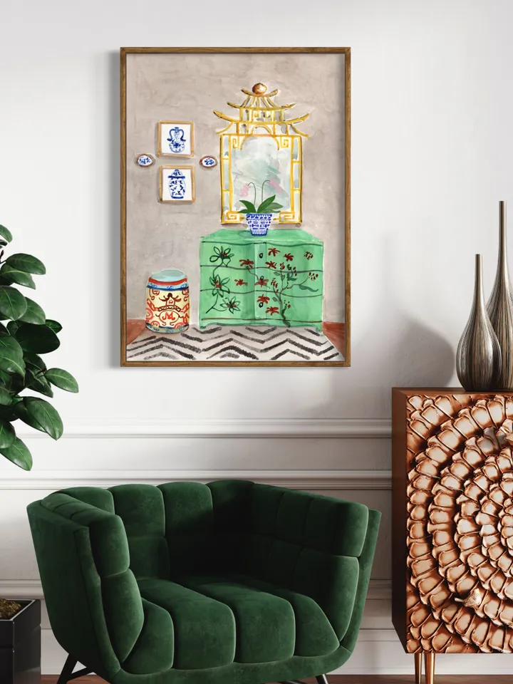 Chinoiserie Decor Watercolor Painting Print Green Chinoiserie Wall Art Painting Of Interior Ginger Jar Impressionist Art Christmas Art Gift