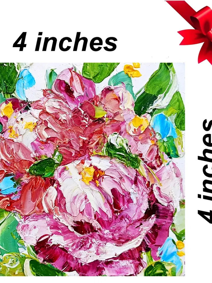 Peony Painting Gift Flower Original 4x4 Oil Impasto Boho Miniature Floral Painting Abstract Floral Boho Shabby Chic Art Cottage Wall Art