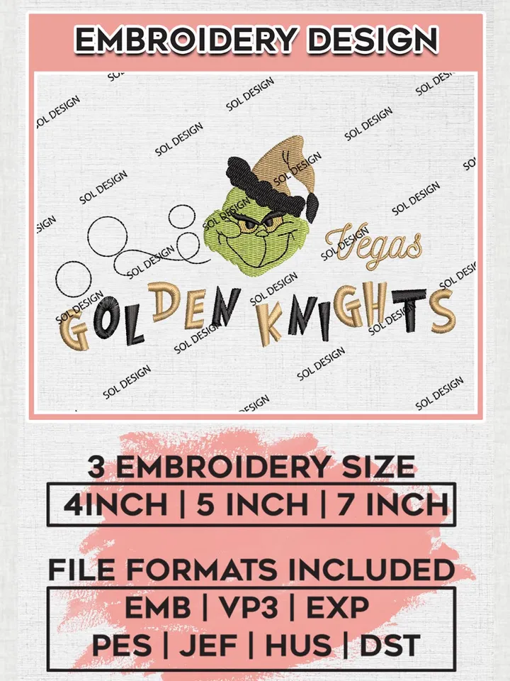 Grinch Vegas Golden Knights Embroidery Designs, Grinch Christmas Embroidery Files, NHL Golden Knights Machine Embroidery Designs, NHL Vegas Golden Knights Logo, NHL Christmas Machine Embroidery Design, Digital Download