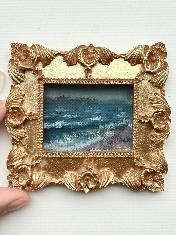 Small Landscape Oil Painting Framed Original Foggy Coast Painting Antique Ocean Art Gold Frame Tiny Paintings 3 x 4 Wave Art