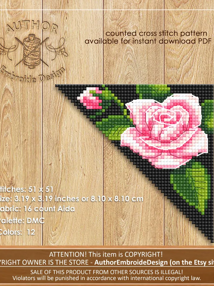 Corner bookmark cross stitch pattern PDF download Pink rose cross stitch chart Floral bookmark corner digital PDF Pink flowers pattern #B214