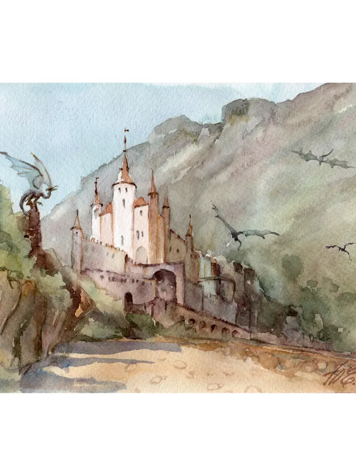 Fantasy castle of dragons Original painting by Yulia Evsyukova