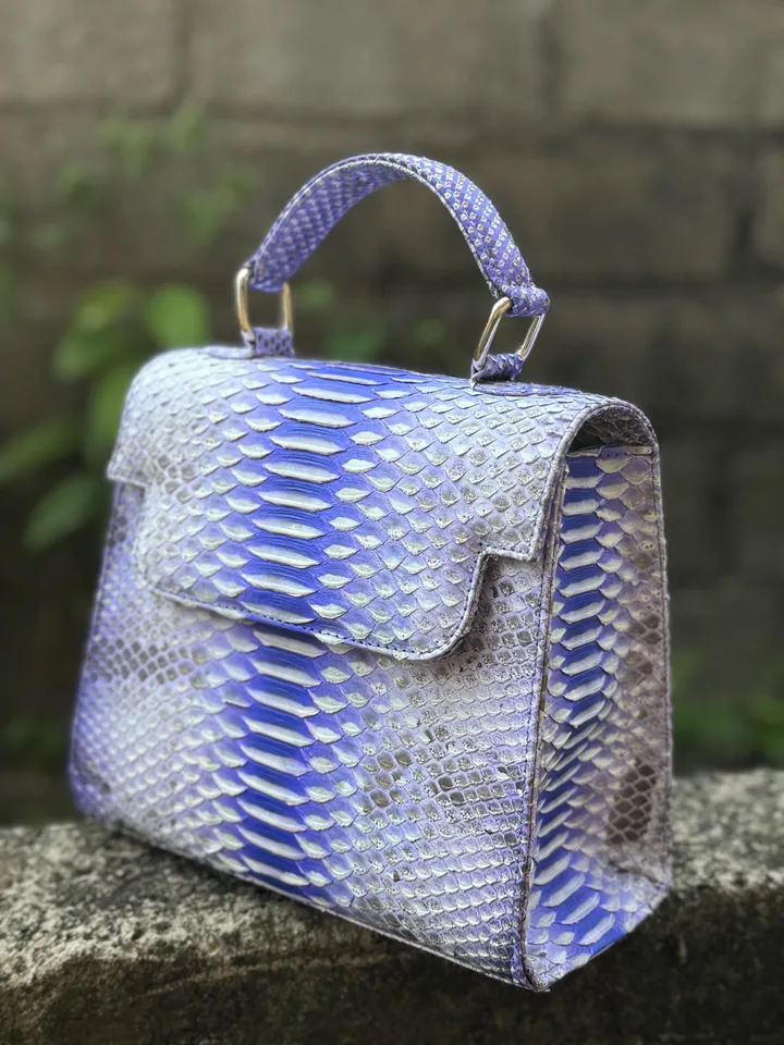 Genuine python skin light blue women elegant crossbody handle bag | Genuine snake leather purse | Classy woman handmade bag | handle bag