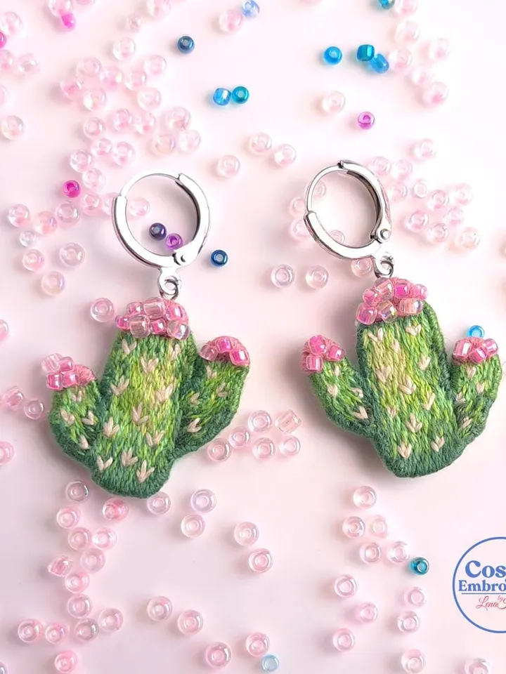 Cactus Earrings Embroidery Handcrafted Funny Jewelry Artisan Earrings Quirky Accessory Party Boho Design Fiesta Folk Art Celebration Decor