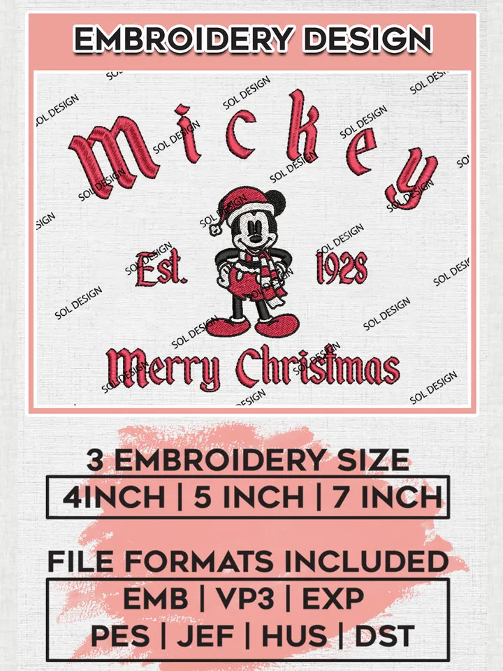 Mickey Mouse Santa Est 1928 Christmas Embroidery Design Files, Disney Christmas Machine Embroidery, Merry Christmas Embroidery, 3 sizes, Cute Christmas Machine embroidery designs, Digital Download