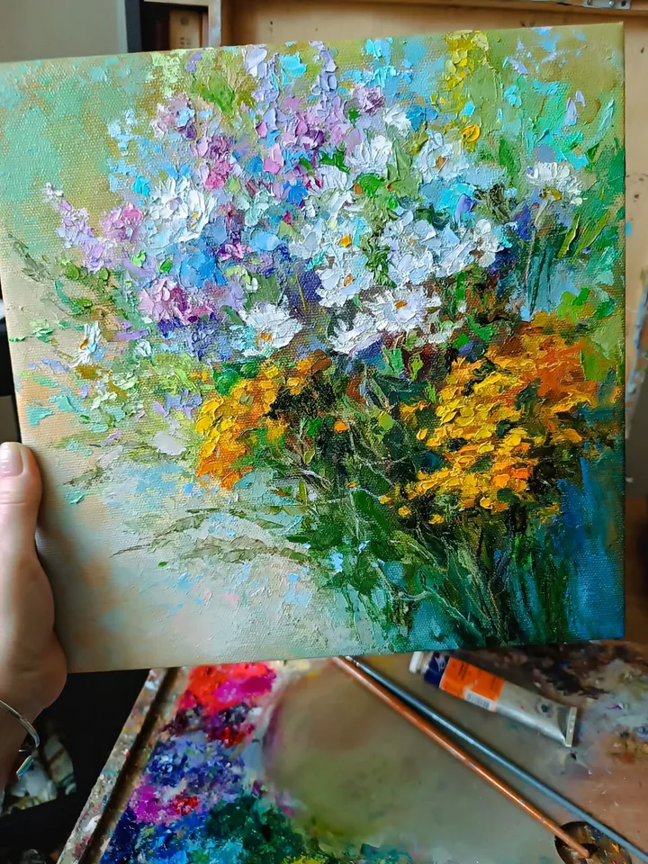 Oil Painting Bouquet Chamomile Flowers Original Artwork Canvas Wall Art Impasto Wild Flowers Painting 12 by 12 inches by Elena
