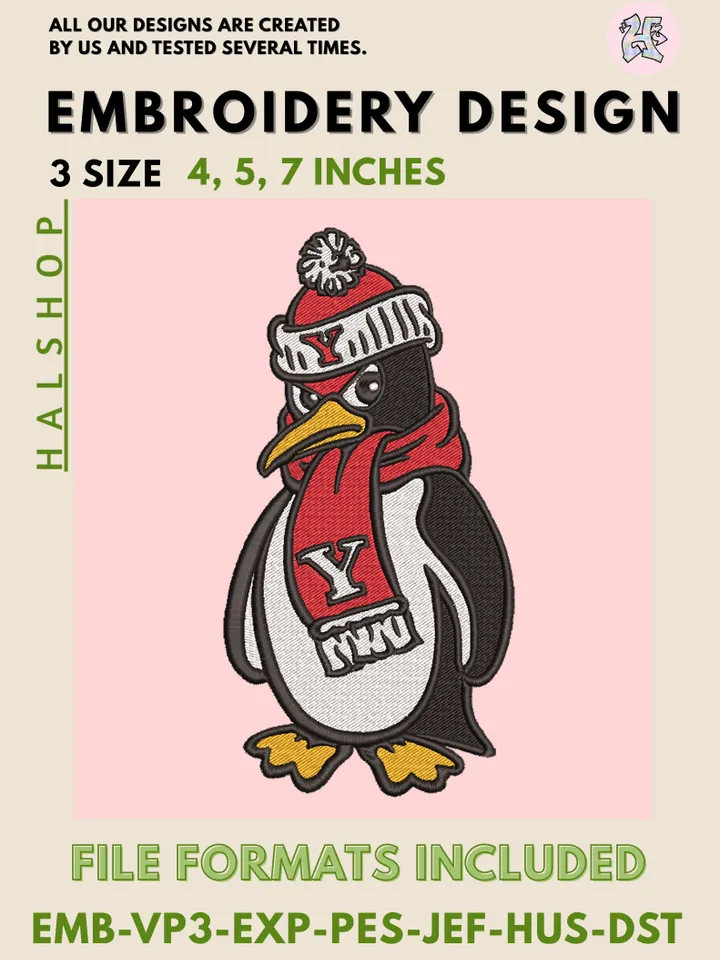 Youngstown State Penguins NCAA Team Funny Mascot Logo Embroidery Design Files – College Sports Machine Embroidery, 3 Sizes, Instant Digital Download