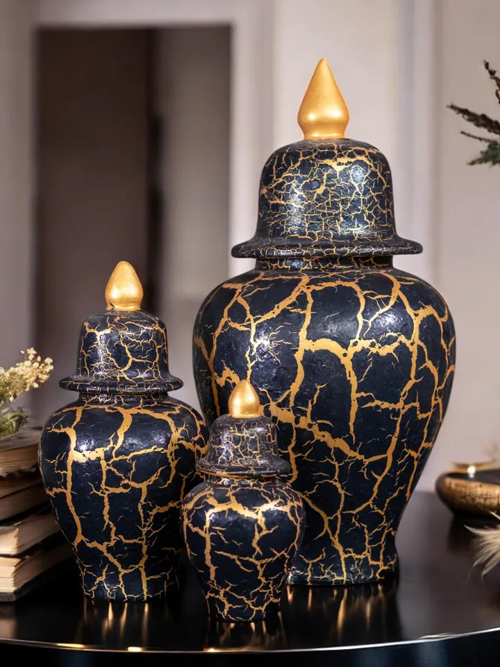 Set of 3 Black and Gold Jars with Crackle Finish – 3 Sizes, Decorative Jar Set in Black and Gold with Crackle Design