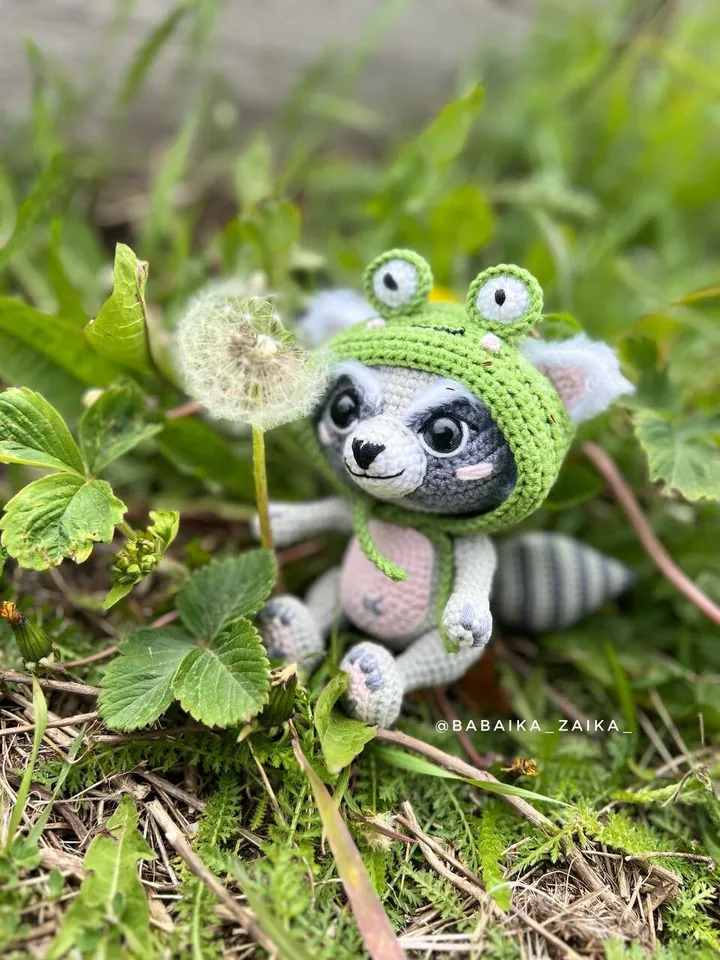 PDF Crochet Raccoon in a Frog Hat Pattern, Amigurumi Animal, Crochet Raccoon Pattern, Amigurumi Frog, Crochet Frog, Raccoon Doll Pattern
