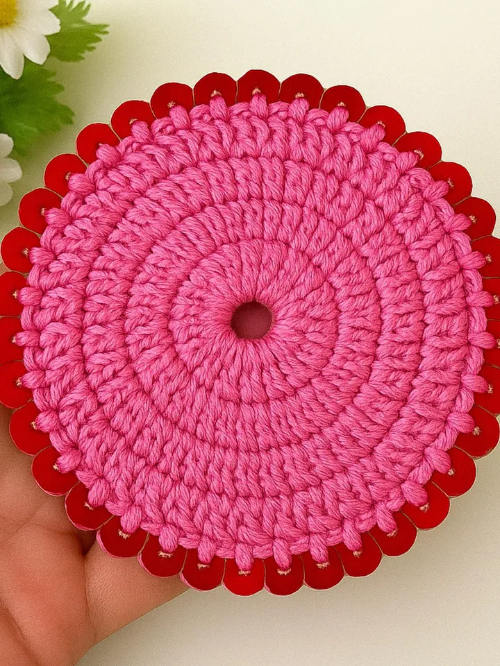 Round Crochet Sequin Coaster DIY Pattern, Glam Handmade Mug Rug Tutorial, Sparkle Yarn Drink Mat DIY, Glitter Coffee Coaster Guide