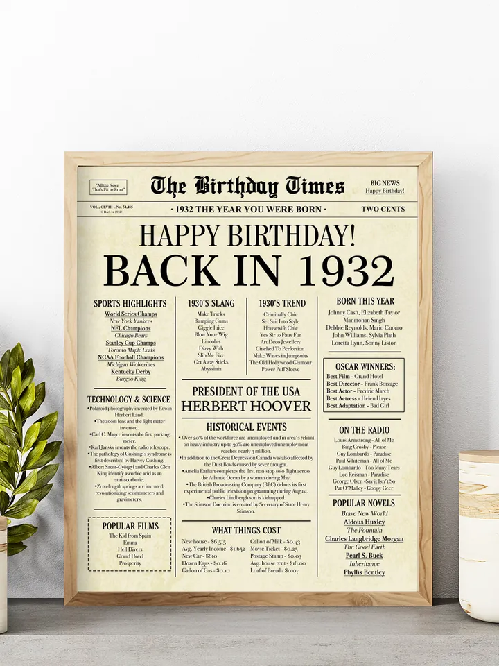 Back in 1932 Birthday Card - 92nd Birthday Gift for Women or Men - 92nd Birthday Decoration for Grandmother or Grandpa - Funny Table Centerpiece for 92 Years Old Birthday Party - Last Minute Gift