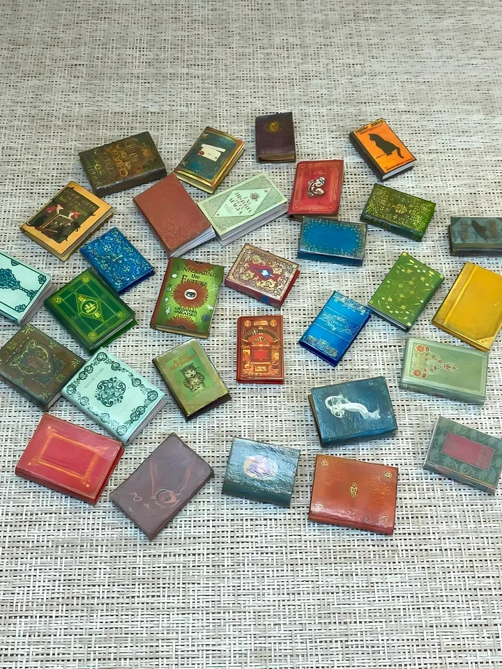 A set of books for filling bookcases in scale 1:12. Imitation books. Handmade. Dollhouse miniature. 30 books.