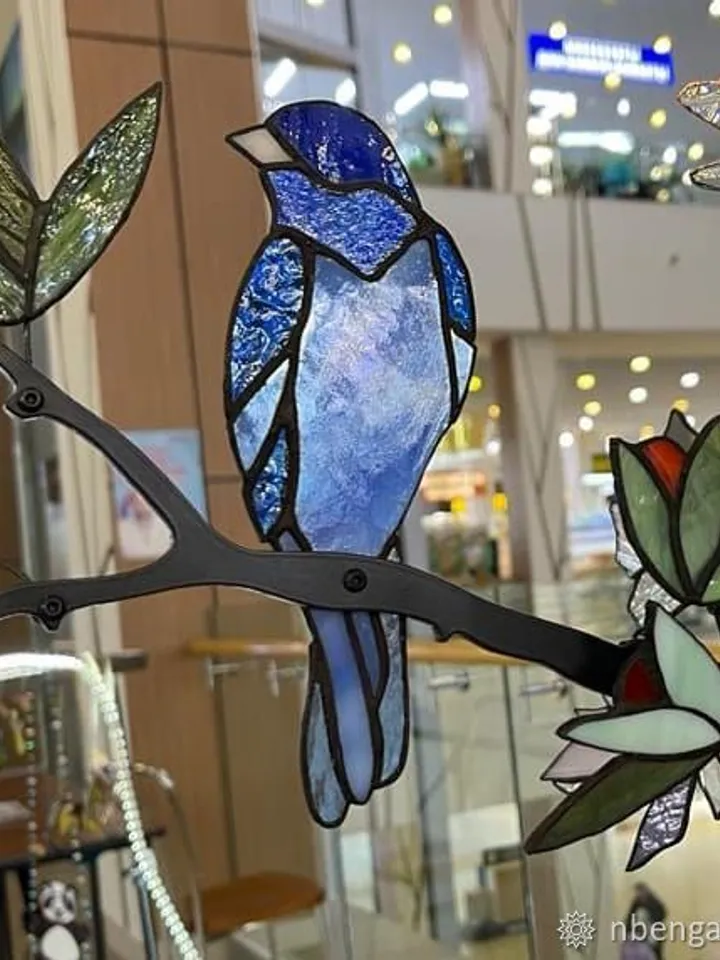 Stained Glass: The Bluebird. A Composition of Stained Glass and Iron Branch for Wall Decoration, Stained Glass with a Bluebird