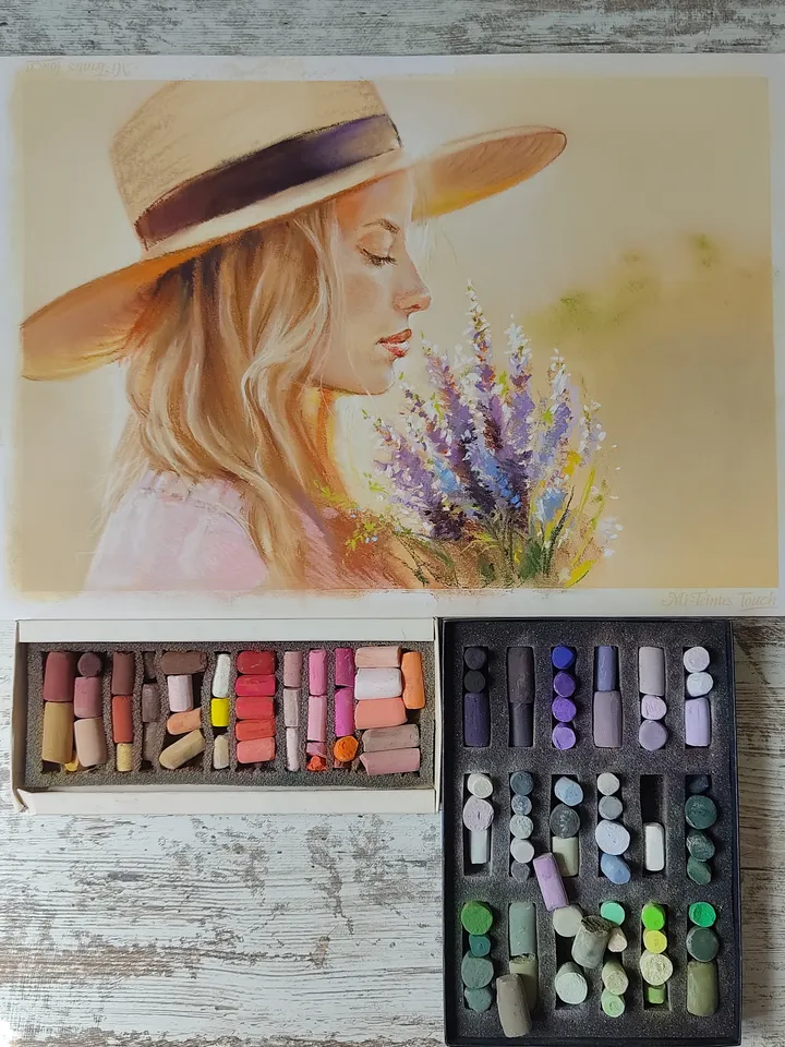 A Girl with a Bouquet of Lavender. Original soft pastel drawing.