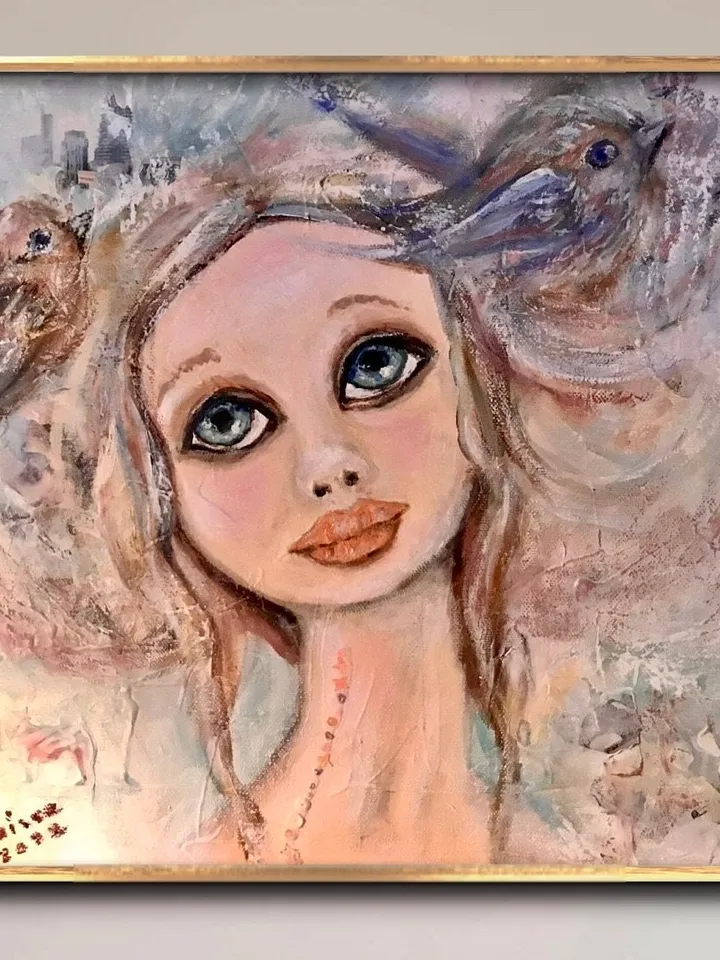 Lucky dreamer- mix media doll and birds painting on stretched canvas,original painting,one of a kind.