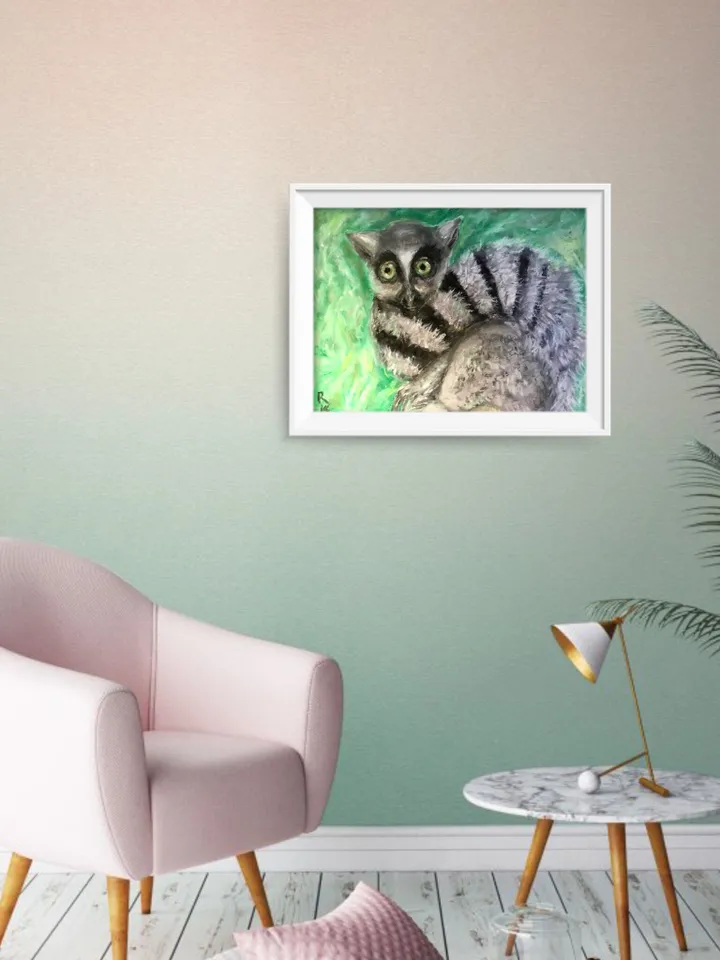 Lemur oil pastel painting,original animals painting,funny animals wall art,kids room decoration,lemur paintings gifts,affordable artwork.