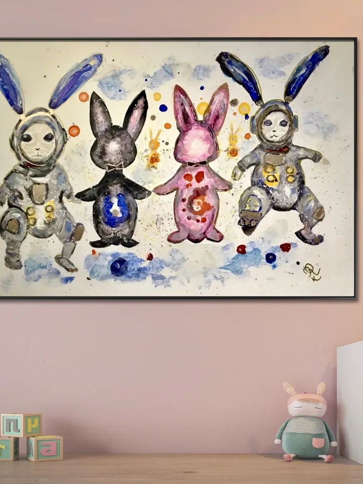 Cosmic bunnies original watercolour and alcohol inks mix media painting on yupo paper,colourful rabbits wall decoration,unique gift.