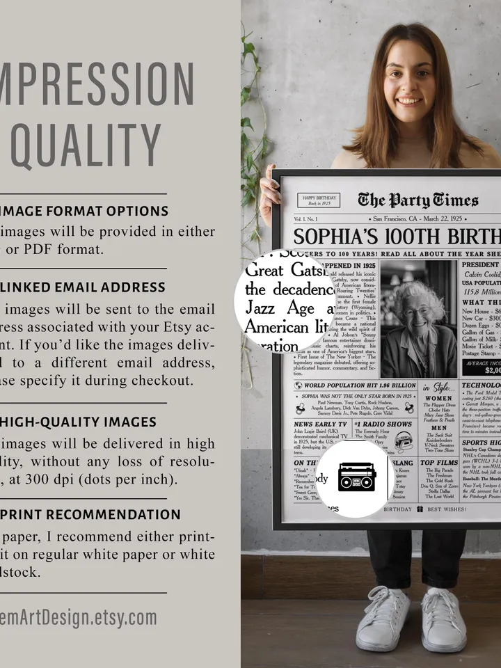 100th Birthday Gift, 100th Birthday Newspaper Sign, 100 Years Ago Back in 1925 Birthday Poster, Gift for Woman, 100th Birthday Decorations