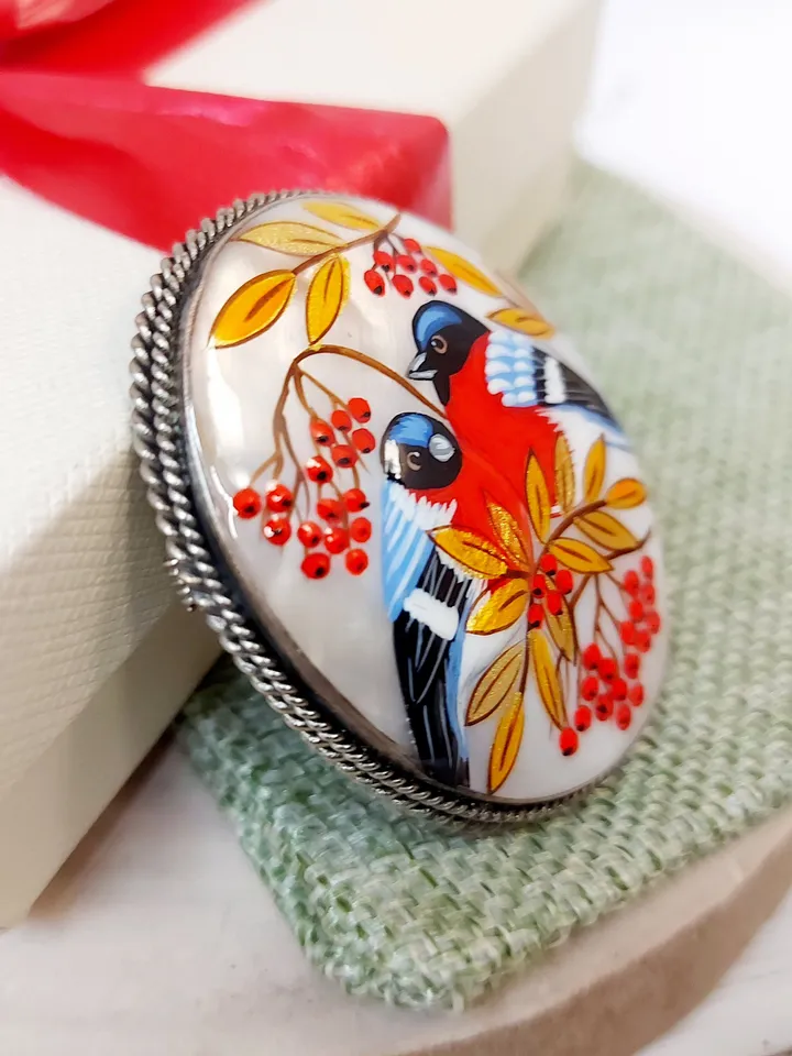 Brooches for women: Red bird couple pin • handmade jewelry painted on mother of pearl • bullfinch bird painted on statement brooch